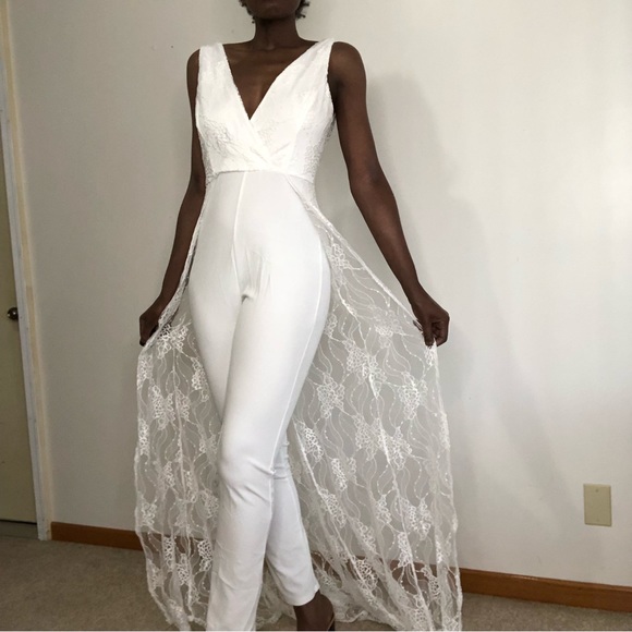 FASHION NOVA | White Jumpsuit with Lace Train